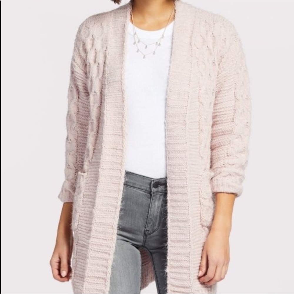 Allison Joy Long Light Pink Cable Knit Eyelash Open Front Cardigan Size XS